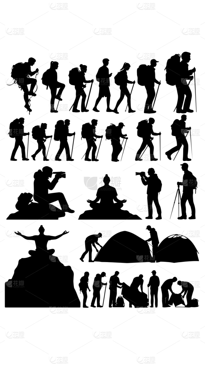 常规内容-人物系列扁平风登山徒步剪影元素组合