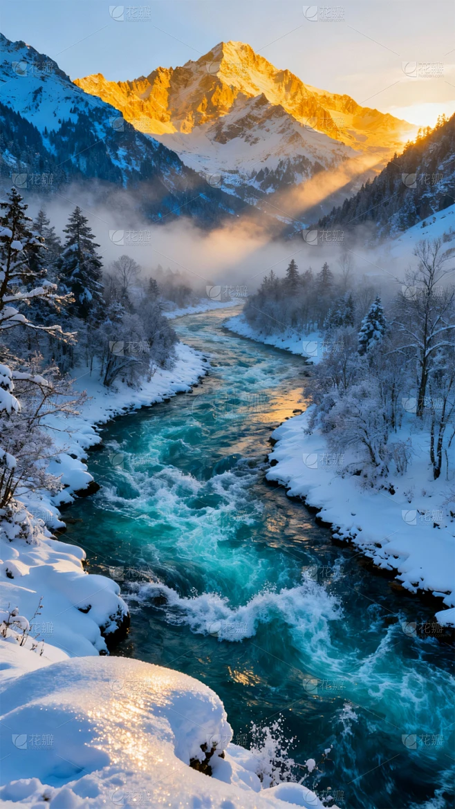 常规风光系列实景感冬季积雪融化山间河流风光背景