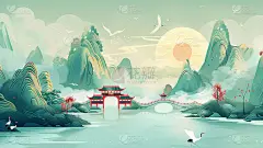 通用中国风中式国风山水场景背景素材