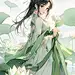 水墨荷叶古装绿衣少女古风女生插画