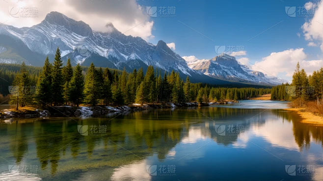 常规内容-风光系列实景感雪上松林开阔江面背景