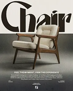 Photo by Zakaria Ourhou on March 21, 2025. 可能是單人扶手梳化、雜誌、搖椅、海報、椅子和顯示的文字是「 Chair Title Comfort FEEL THEMOMENT, OWN THE EXPERIENCE Every detailis designed create feeling- comfort, belonging, timeless elegance nce. ce.It bout whatyo you but howit makes feel T