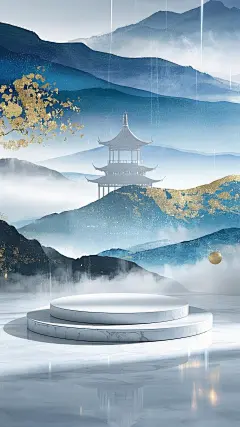 空白展台，电商陈列台，青色调，中式展台，竖版 (15)