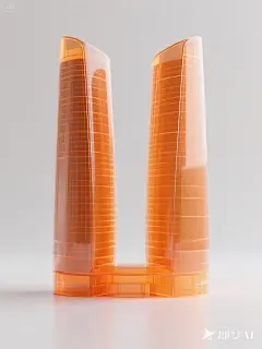 jimeng-2025-05-12-470-成都金融城双子塔，橙色，3D艺术，C4D，磨砂玻璃质感，透明感，UI设计风格，光线追踪，干净白色背景，参考Pinterest、Dribbble 风格，使用O