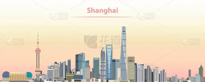 上海城市天际线日出时的矢量图