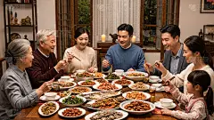 人物系列写实感中国家庭一起在家里聚餐吃中餐图片