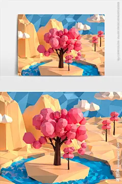 卡通Lowpoly粉色树模型
