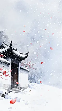 大寒小寒国风插画飘雪梅花建筑背景