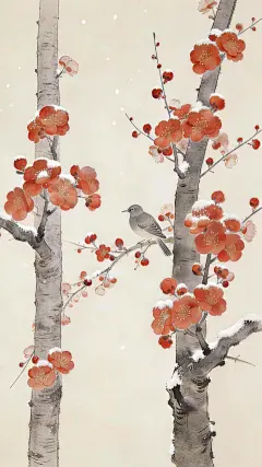 大寒小寒国风水墨晕染红梅小鸟背景