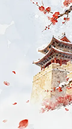 大寒小寒国风插画飘雪梅花建筑背景