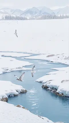 大寒小寒实景感雪地河流飞鸟背景