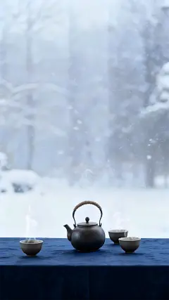 大寒小寒实景感雪景茶具飘雪背景图片