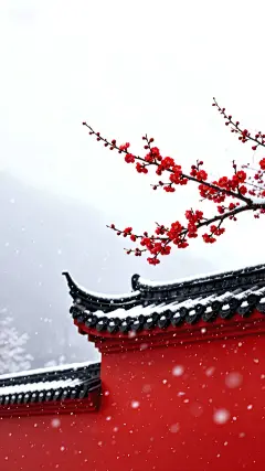 大寒小寒实景感飘雪屋檐梅花背景图片