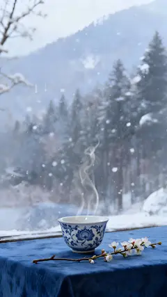 大寒小寒实景感雪景茶具飘雪背景图片