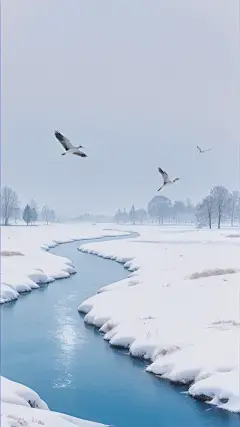 大寒小寒实景感雪地河流飞鸟背景