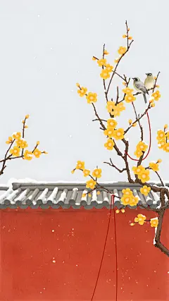 大寒小寒国风工笔画腊梅建筑背景